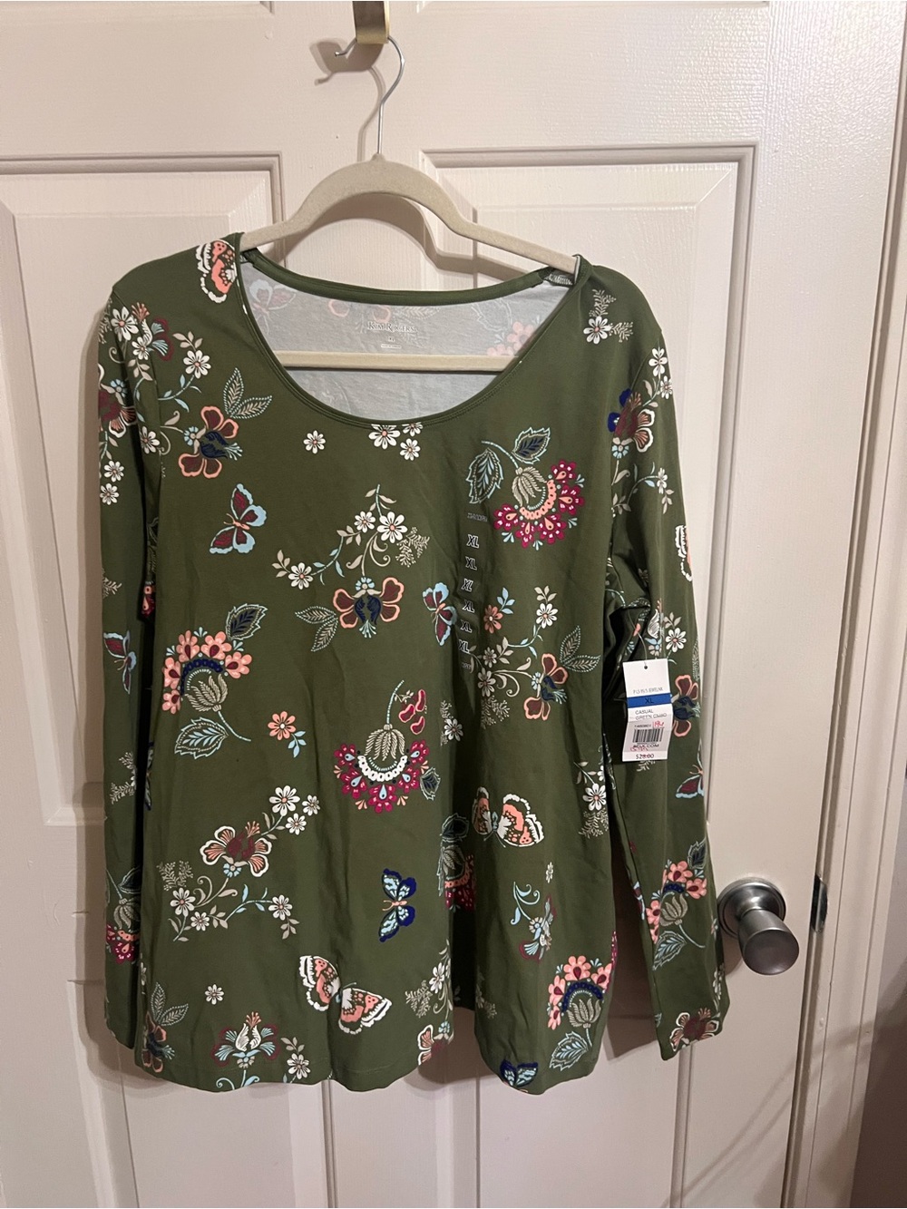 Kim Rogers Olive Green Long Sleeve Floral Tee with Multicolor Print
